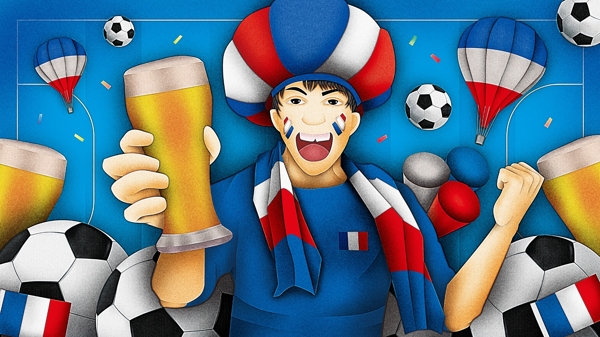 小清新足球世界杯法国队球迷啤酒节原创插画