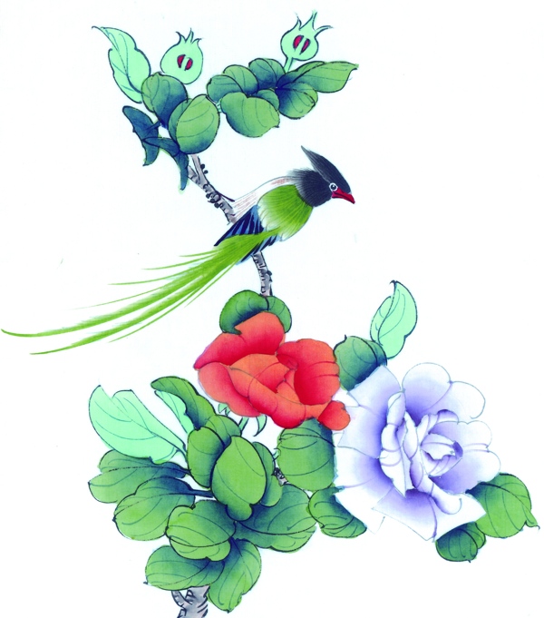 植物花卉与绿色小鸟图片