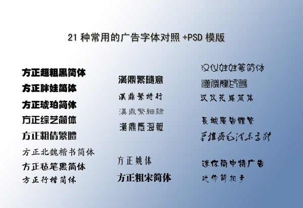 21種常用的廣告字體對照PSD模版
