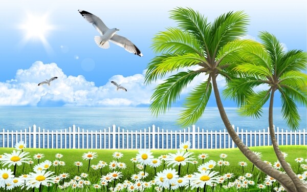 椰樹海鷗花卉