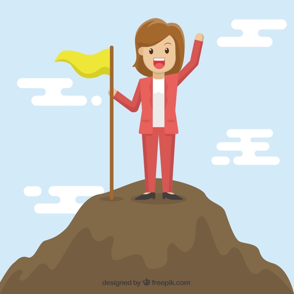 女人拿着黄色旗帜登上山顶