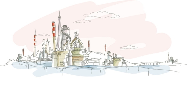 手绘重工业城市中的化工厂图片