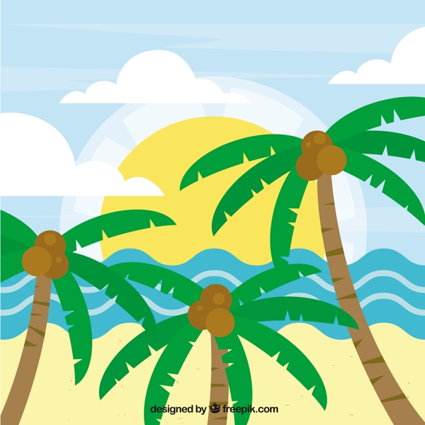 平坦设计的棕榈树海滩景观背景