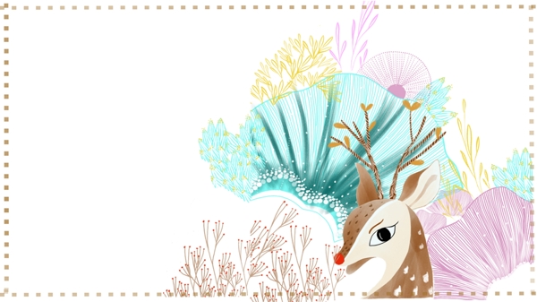 手绘线条画小鹿与植物主题边框