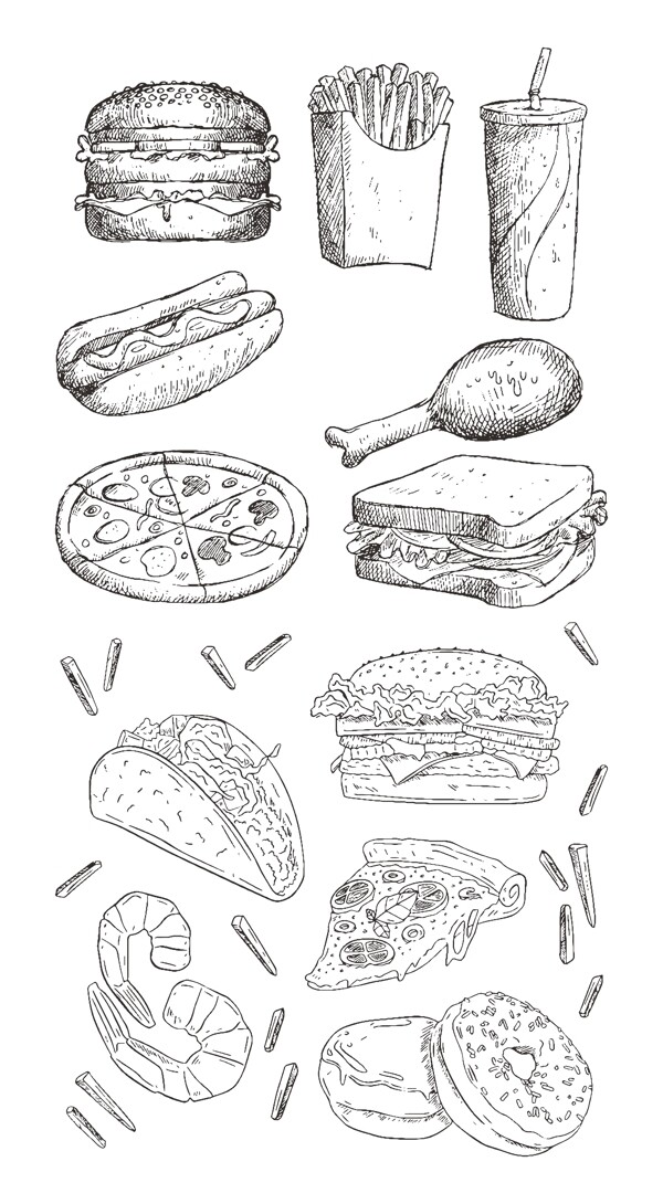 手绘线稿快餐食物图片