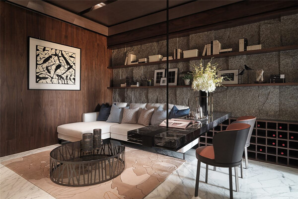 现代时尚感客厅圆形镂空茶几室内装修效果图