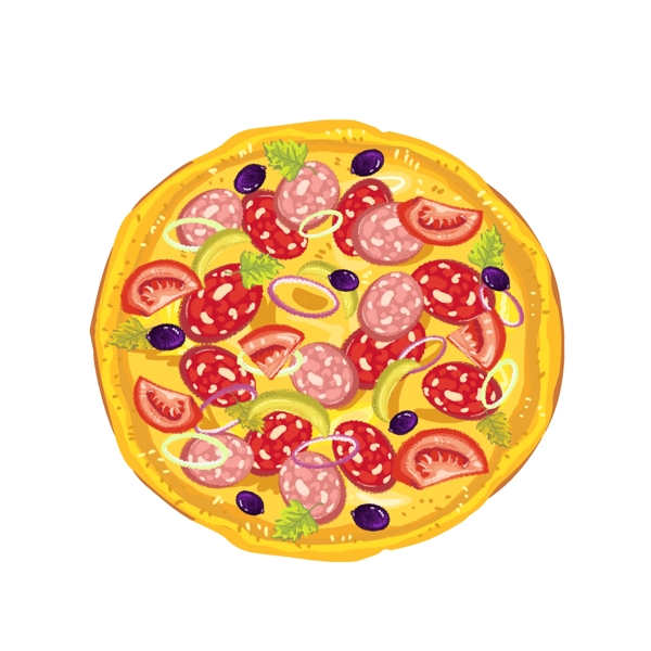手绘风田园红肠水果披萨