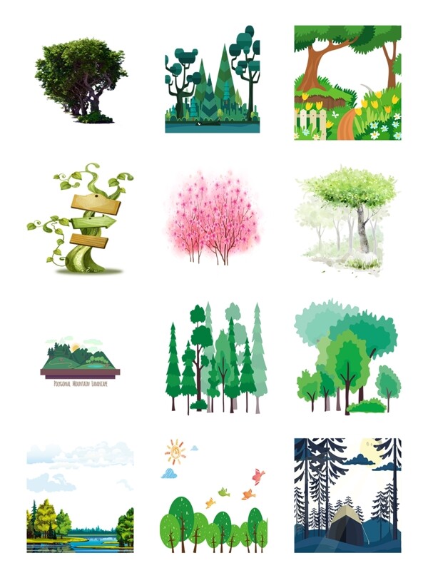彩色手绘植物森林元素