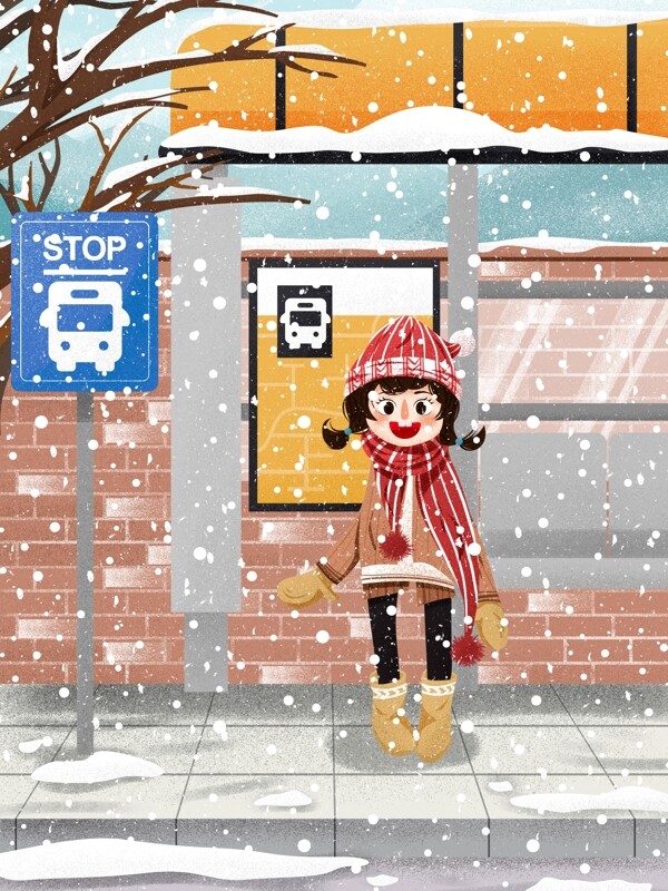 二十四节气大雪公交车站点等车女孩插画