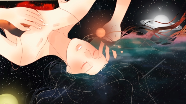 治愈系創(chuàng)意唯美宇宙星空與星球少女