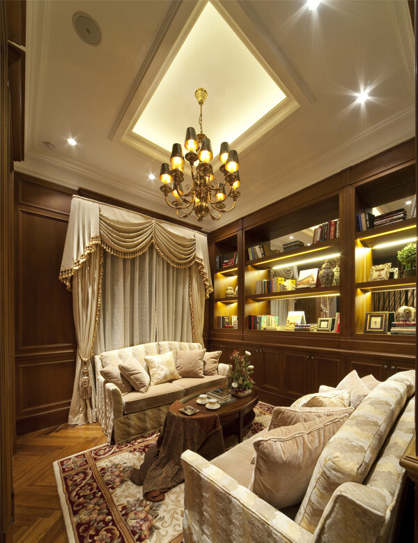 现代奢华客厅金色吊灯室内装修效果图