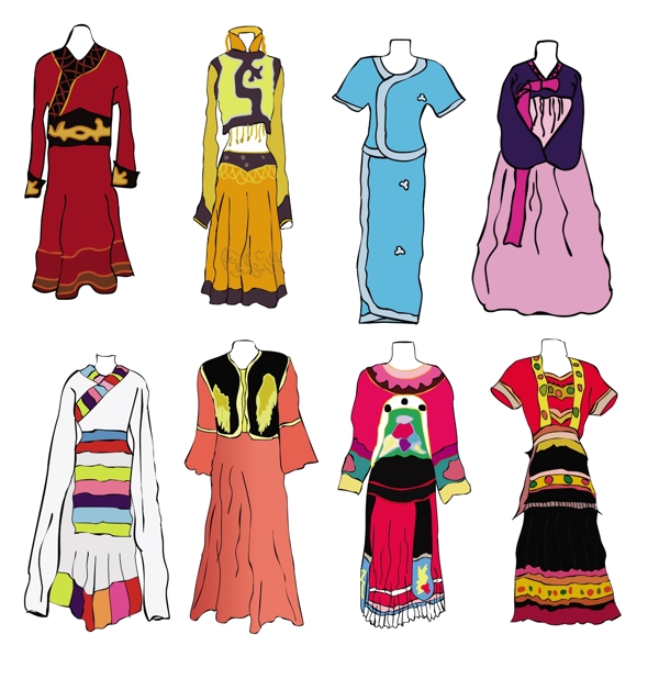 手繪各種少數(shù)民族傳統(tǒng)服飾圖片