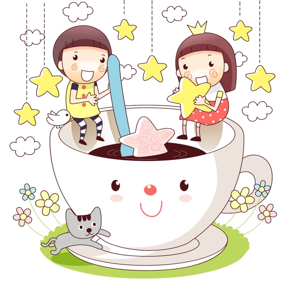 孩子坐在杯邊沿泡咖啡圖片