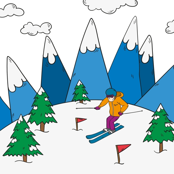 卡通简笔滑雪海报