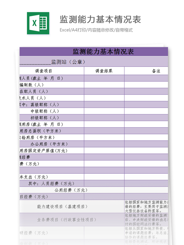 監(jiān)測(cè)能力基本情況表excel模板