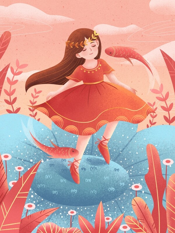 年度色彩珊瑚红插画在花瓣上起舞的少女