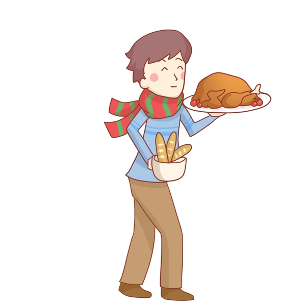 感恩节端着一盘火鸡的男孩免抠PNG素材