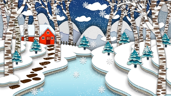 手绘树林大雪中的红房子背景素材