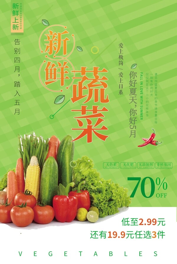 绿色格子新鲜蔬菜美食海报设计