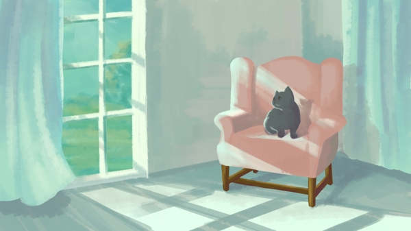 复古色调光线灰色调沙发落地窗场景坐在沙发上的猫