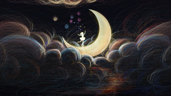 原创线圈插画月亮上跳舞的女孩