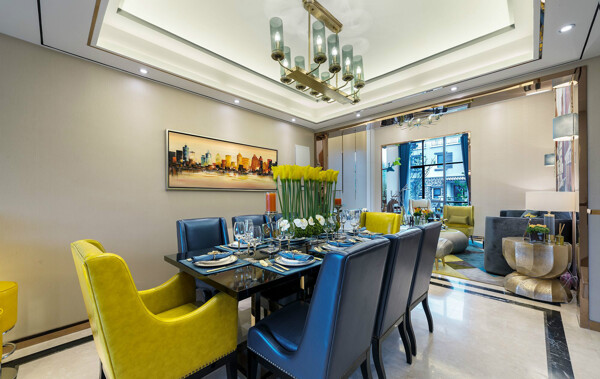 现代时尚客厅亮面黄色椅子室内装修效果图