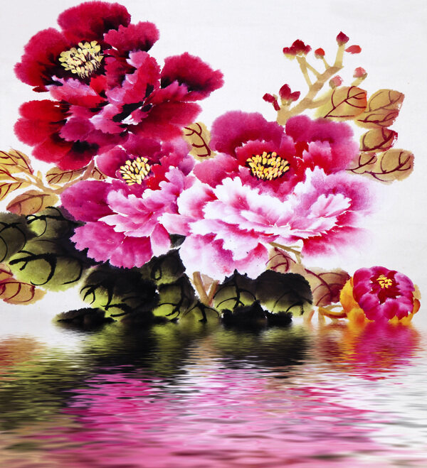 花開富貴水中倒影圖