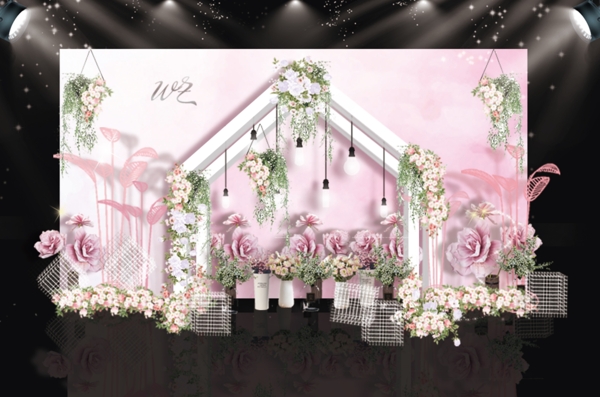 粉色水彩花房婚礼迎宾区效果图
