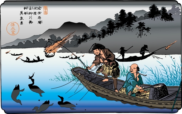 日本浮仕繪與彩繪風景和人物圖片