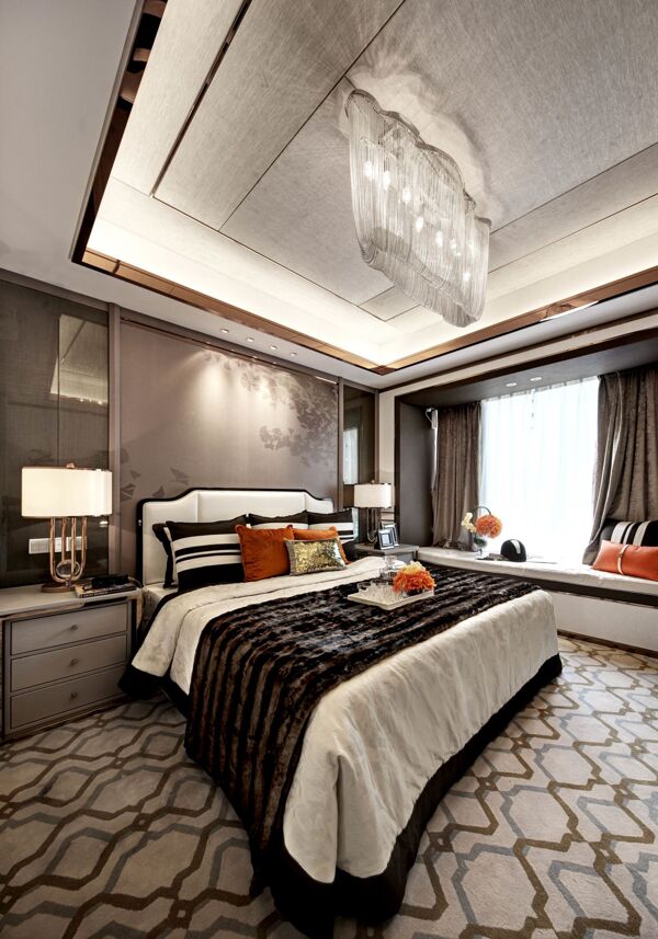 现代花纹地毯卧室效果图