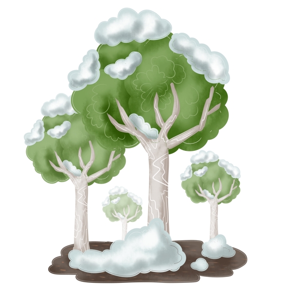 商用手绘冬季下雪雪树圣诞节植物白桦树元素