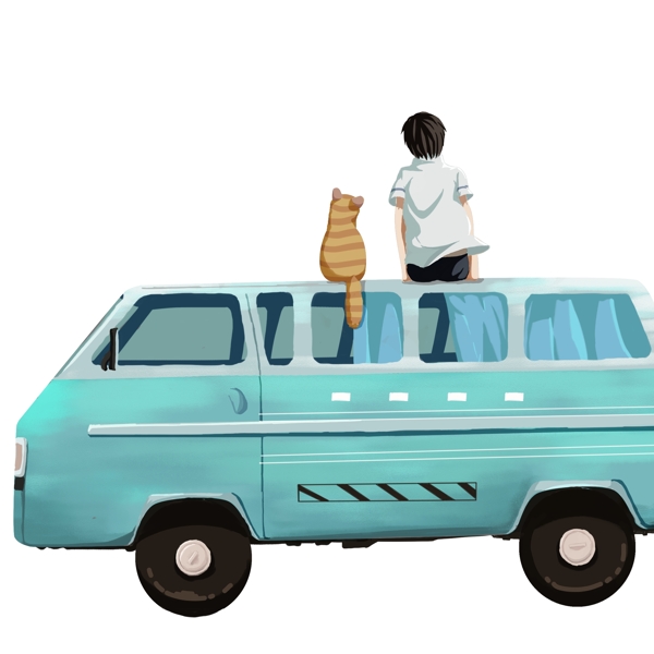 小清新坐在车子上的少年和猫咪