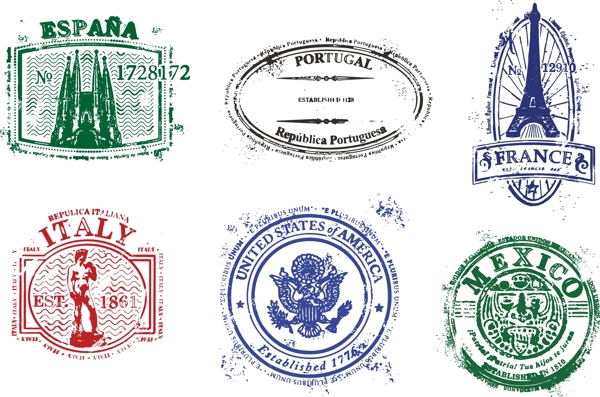矢量邮戳邮票世界著名国家