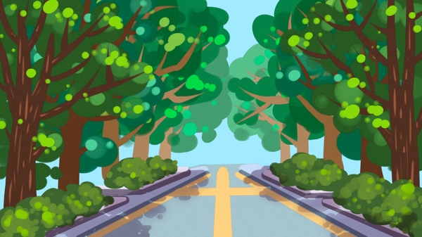 道路两边的绿色大树卡通背景