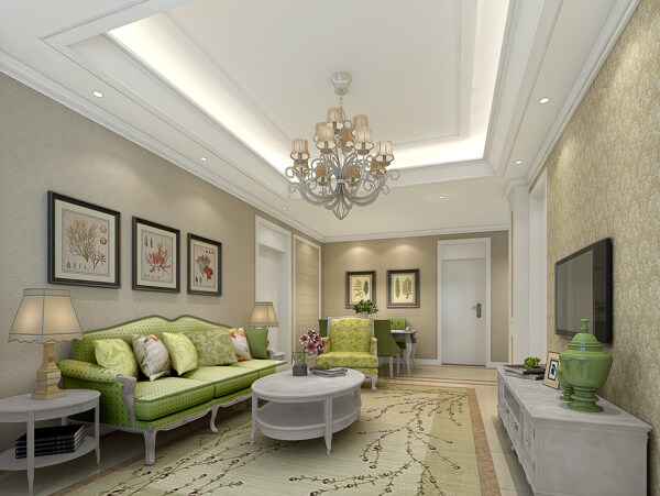 美式清新客厅绿色沙发垫室内装修效果图