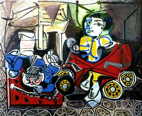 1950ClaudeetPalomajouant西班牙画家巴勃罗毕加索抽象油画人物人体油画装饰画