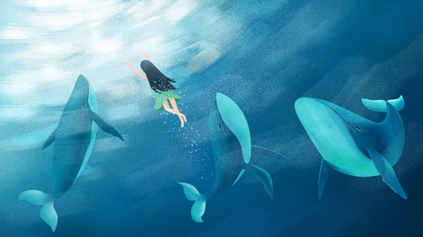 原创手绘插画女孩深海遇鲸