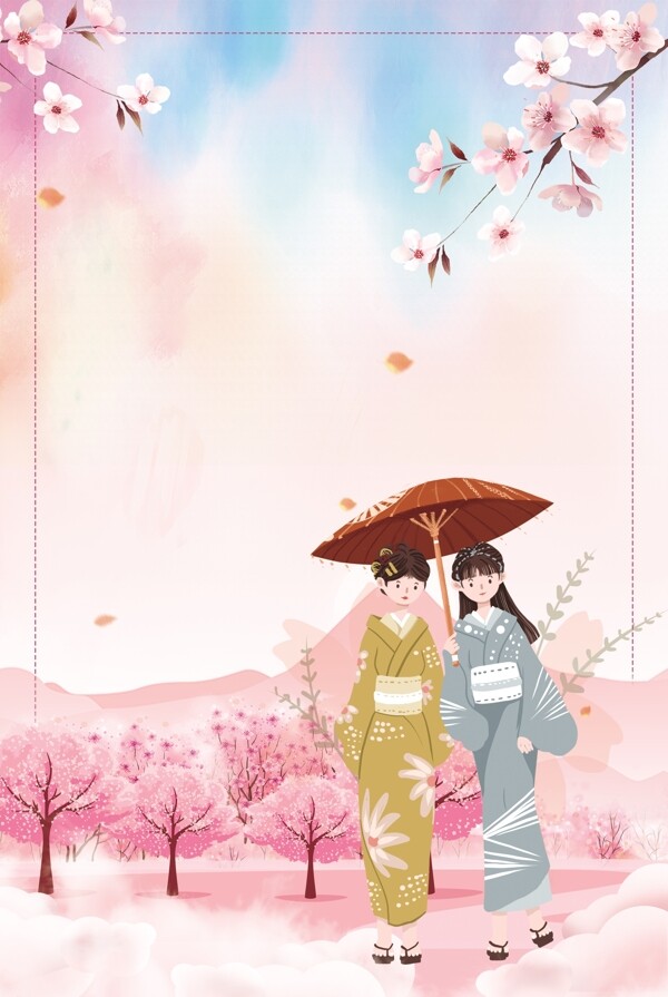 日本可爱和服背景海报