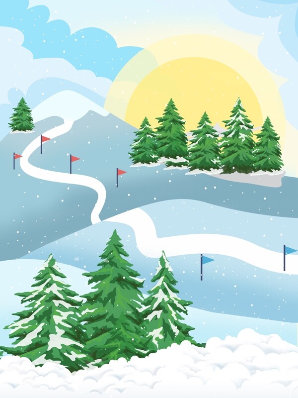 彩绘雪地滑雪场地背景设计