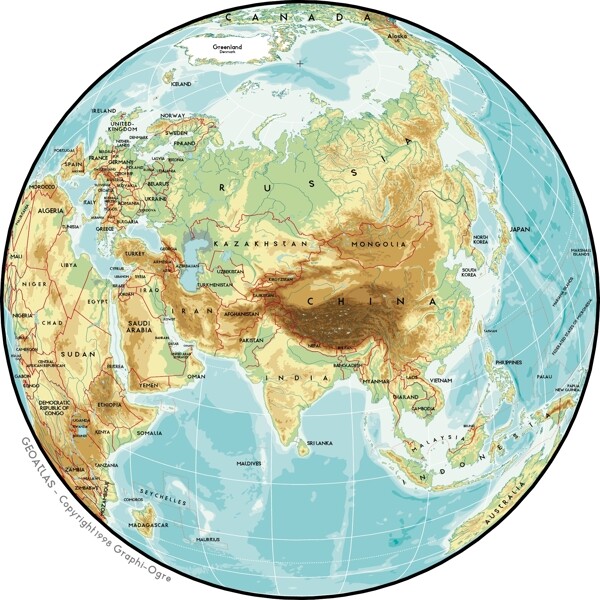 矢量世界地图精致的材料亚洲球
