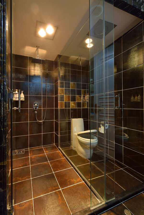 现代轻奢浴室亮褐色格子地板室内装修效果图