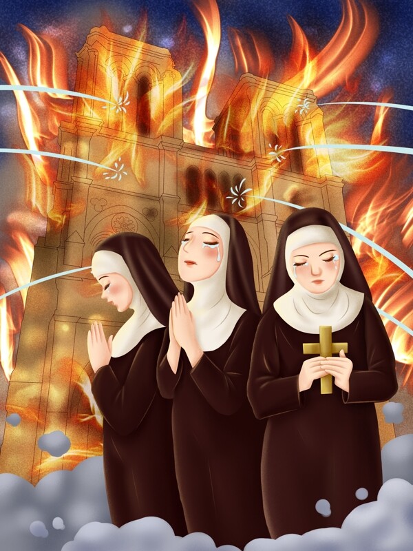 修女流泪为失火的巴黎圣母院祈祷
