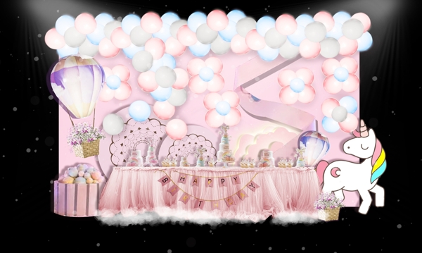 粉色独角兽热气球主题宝宝宴效果图