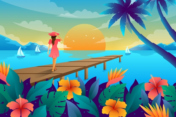 夏季海边少女植物插画背景