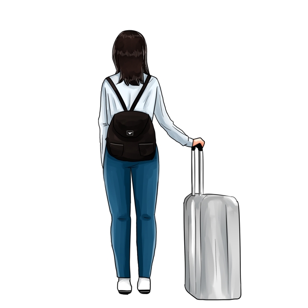 春节回家春运旅行旅游手绘卡通女孩背影行李箱