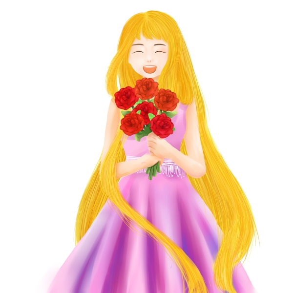 唯美手绘拿着一束玫瑰花的少女