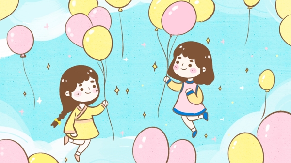蓝天白云两个小女孩抓住气球飞起