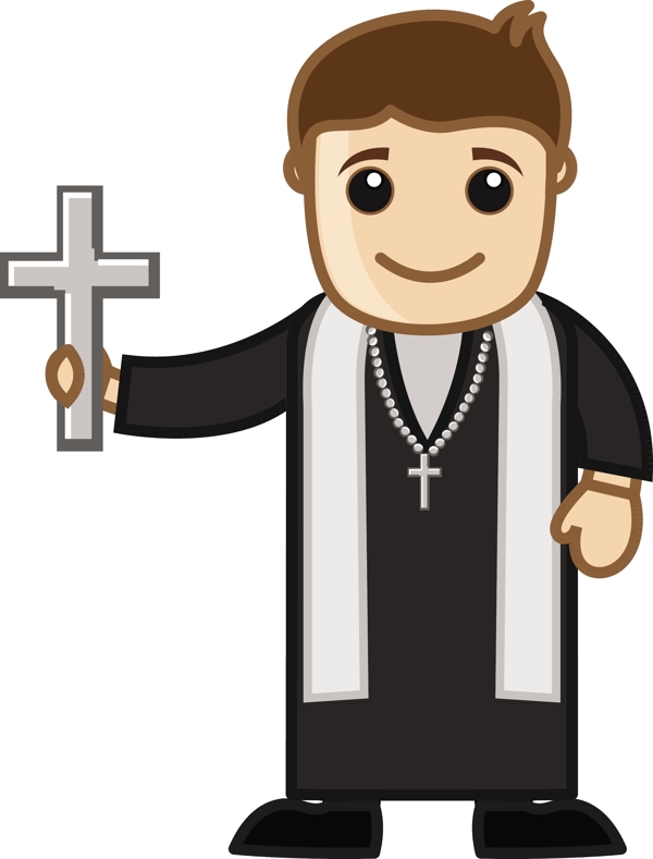 卡通矢量字符牧师握着一个神圣的十字架