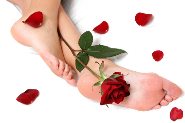 放有玫瑰花的女性脚部特写图片
