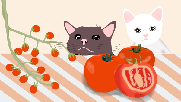 原创清新猫咪在菜园之番茄园休息嬉戏插画